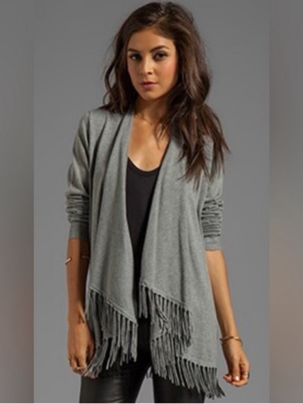 Central Park West Gray Fringe Open-Front Cardigan XS